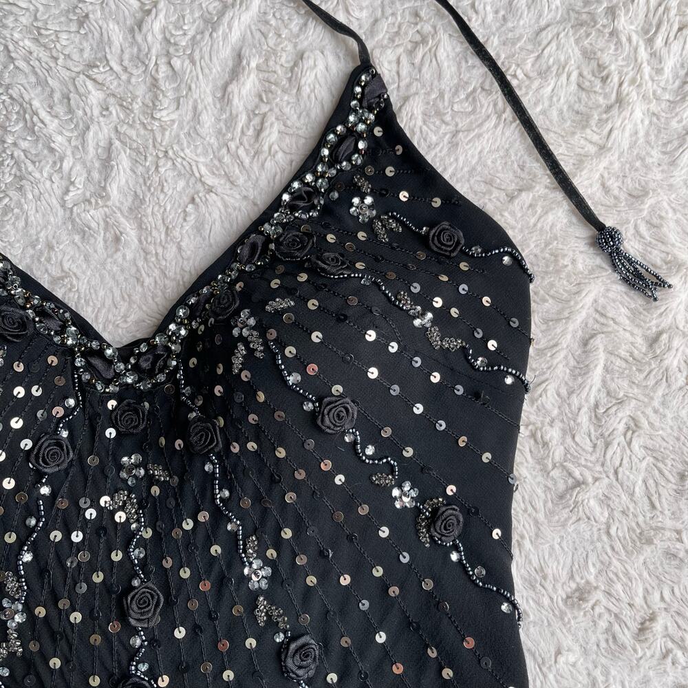 Sue Wong beaded‎ sequin rosette halter silk prom dress fairy cocktail Nocturne 4 - Picture 6 of 14